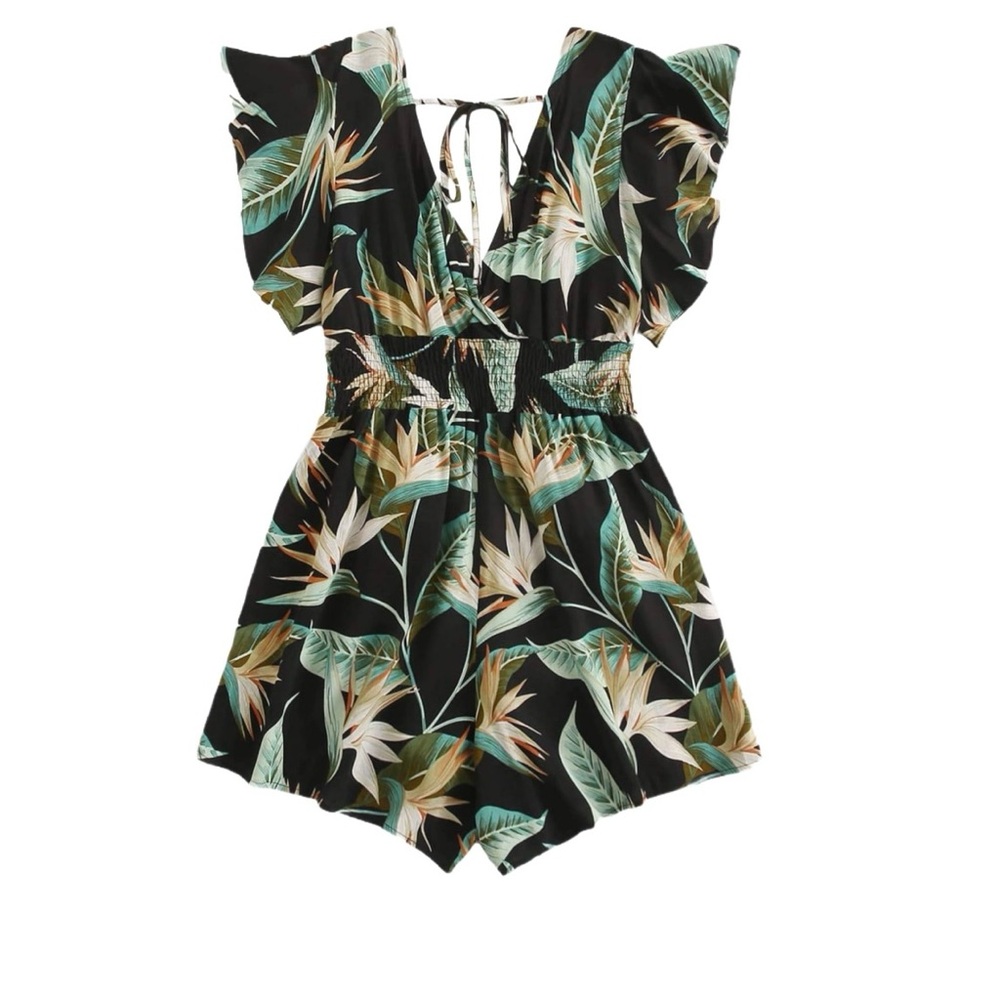 Black Tropical Print Flutter-Sleeve Romper